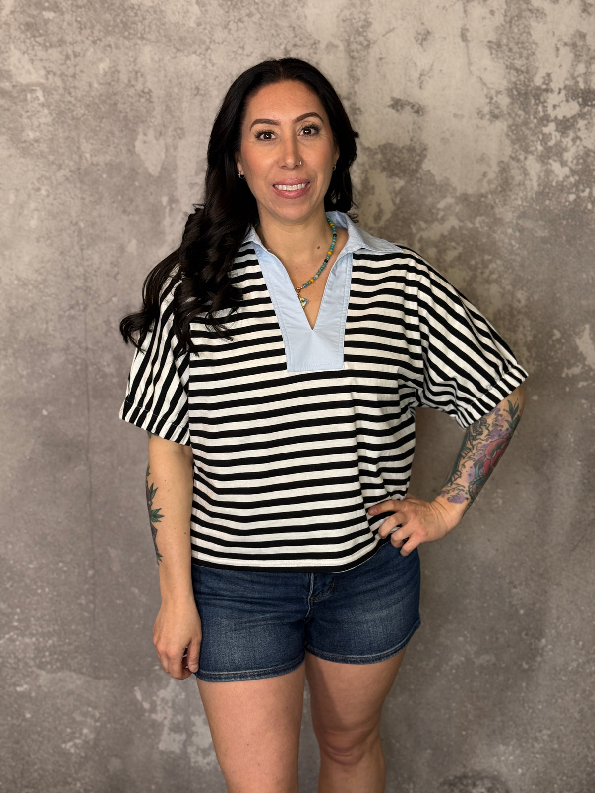 Stripe Top with Blue Statement Collar  (Small - 3X)
