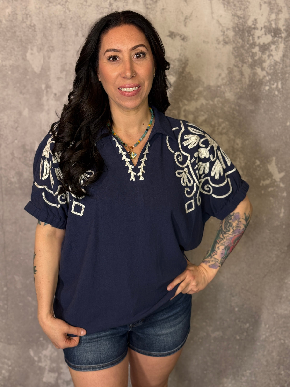 Navy Embroidered Linen Top