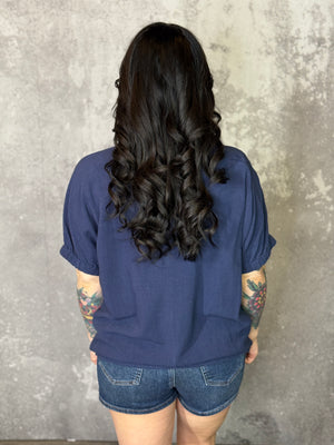 Navy Embroidered Linen Top