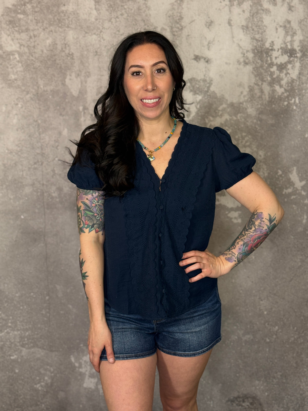Navy Lace Front Blouse Top (Small - 3X)