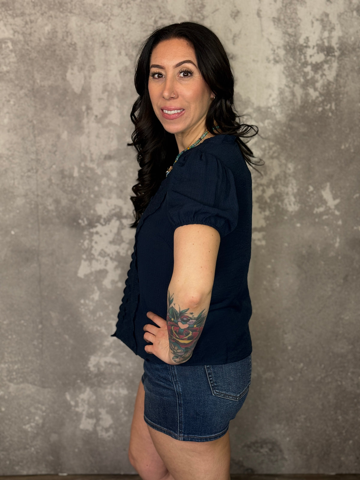 Navy Lace Front Blouse Top (Small - 3X)