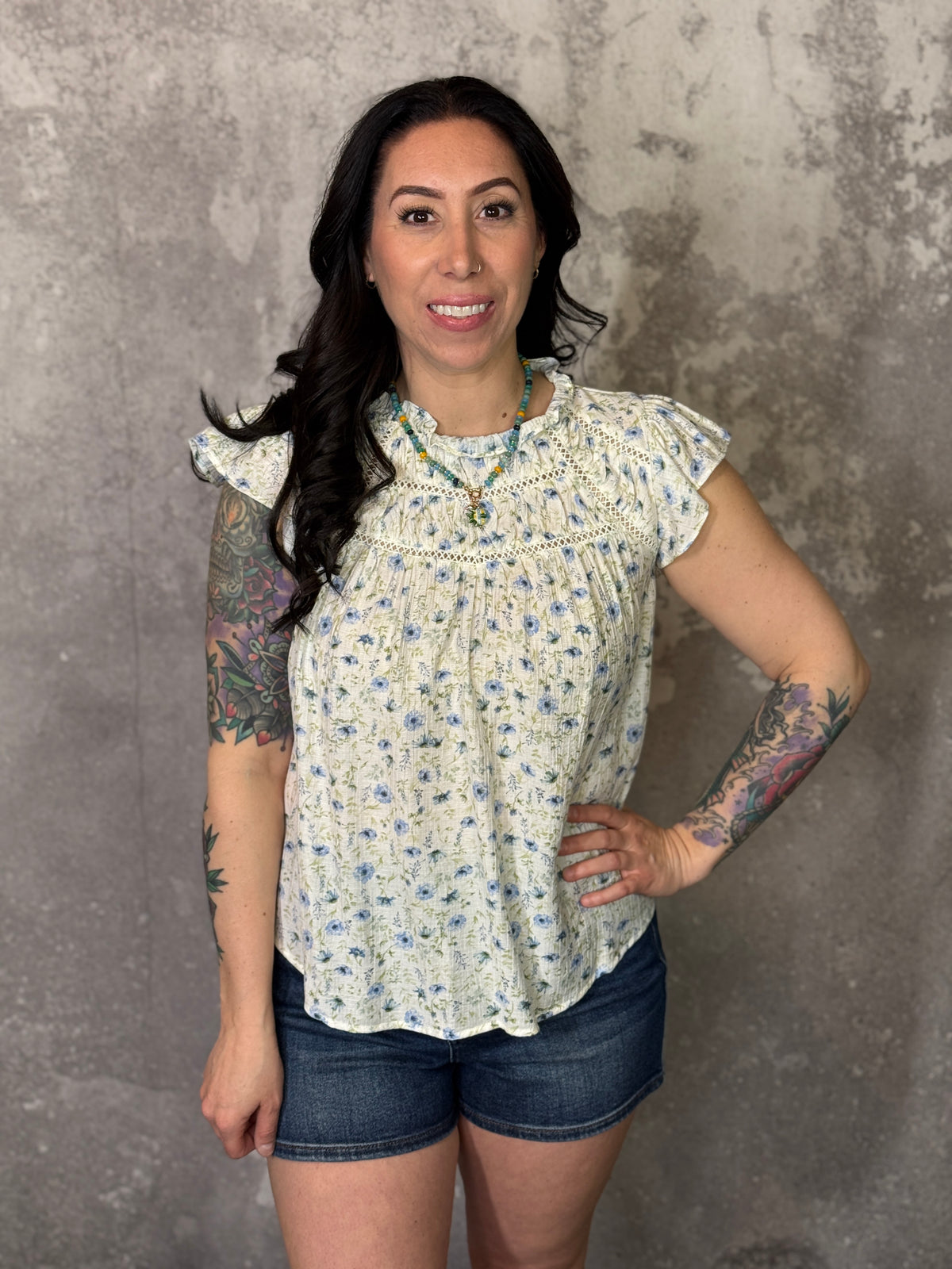Blue Multi Floral Ruffle Top (Small - 3X)