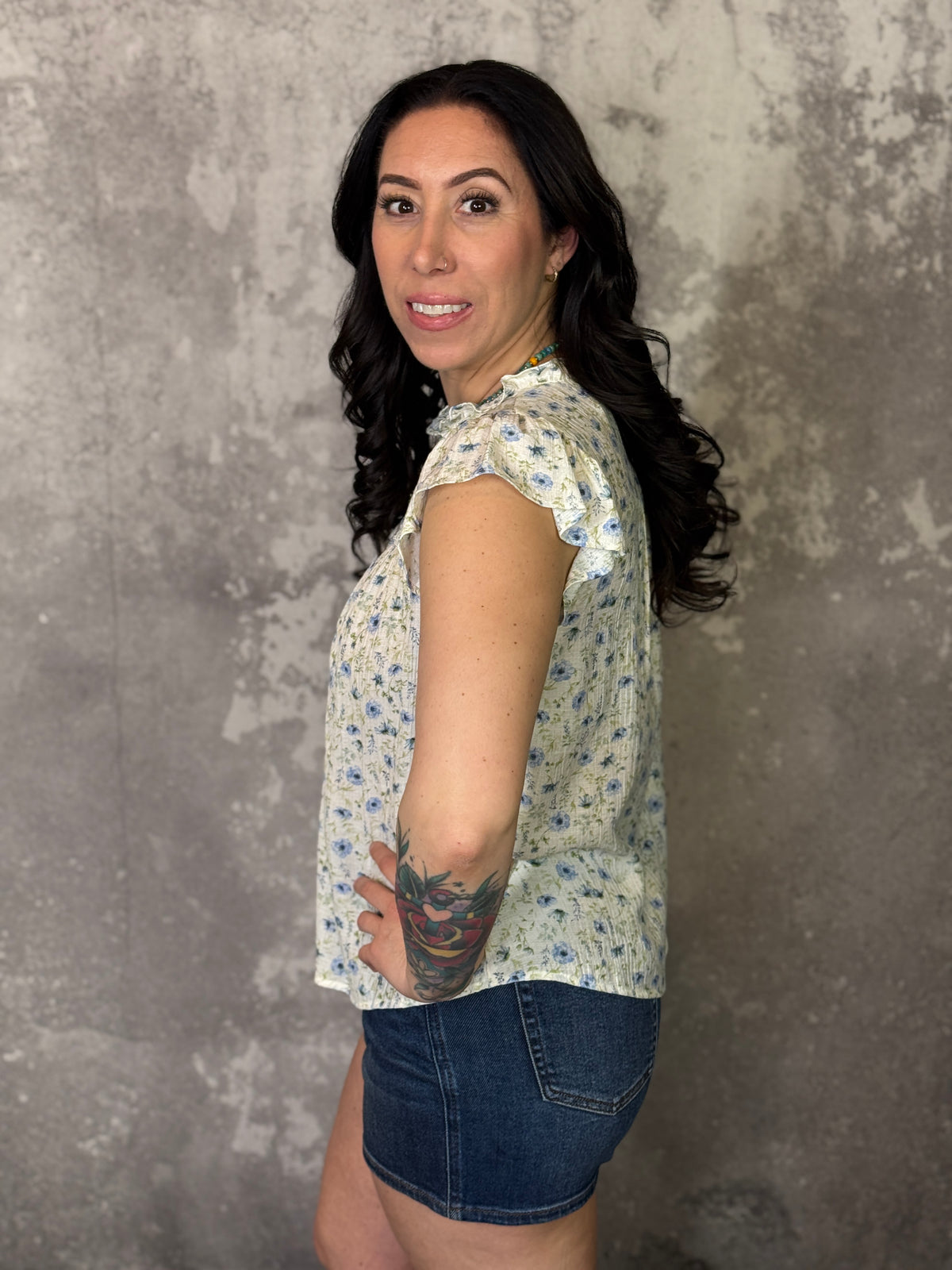 Blue Multi Floral Ruffle Top (Small - 3X)