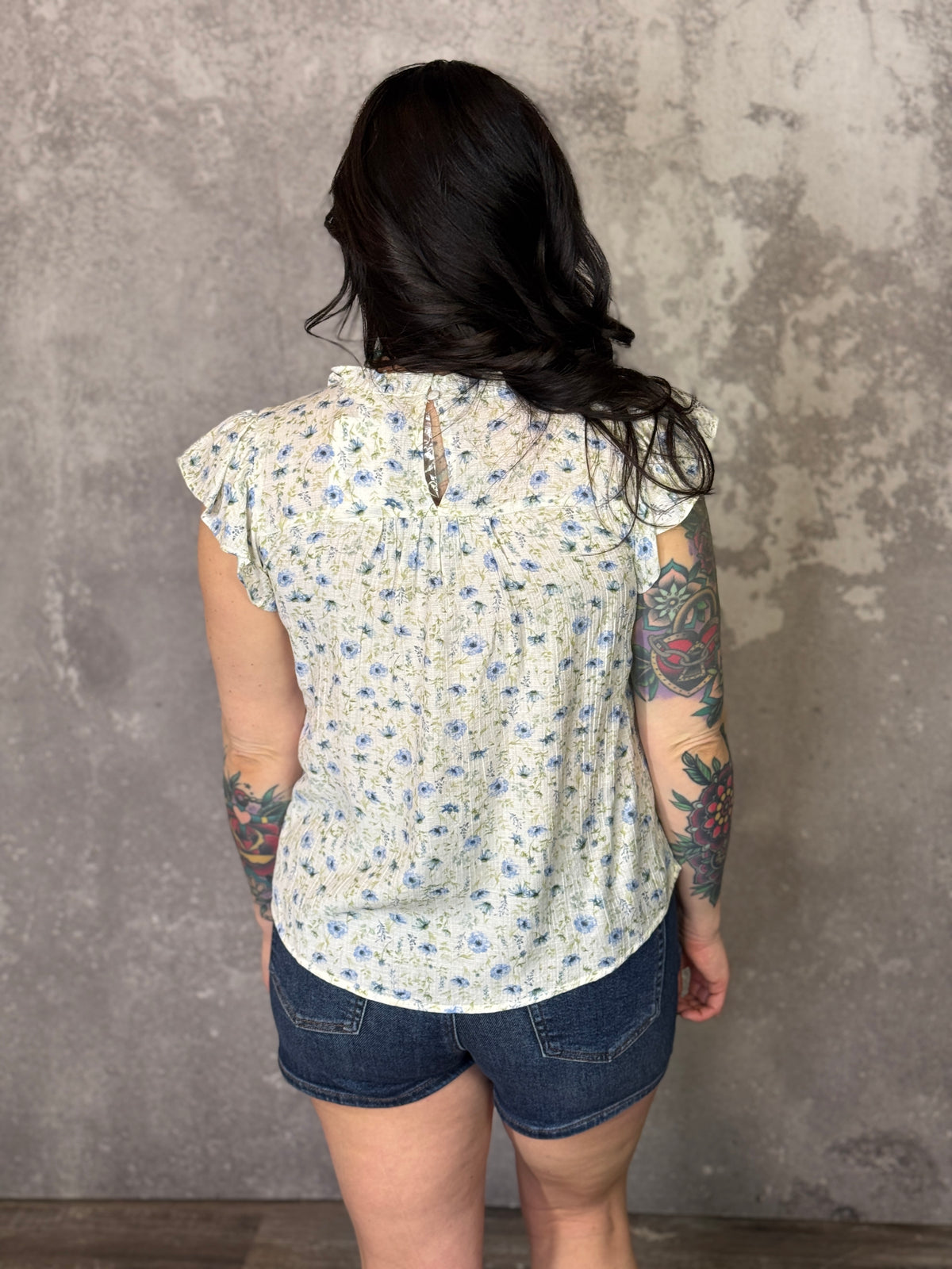 Blue Multi Floral Ruffle Top (Small - 3X)