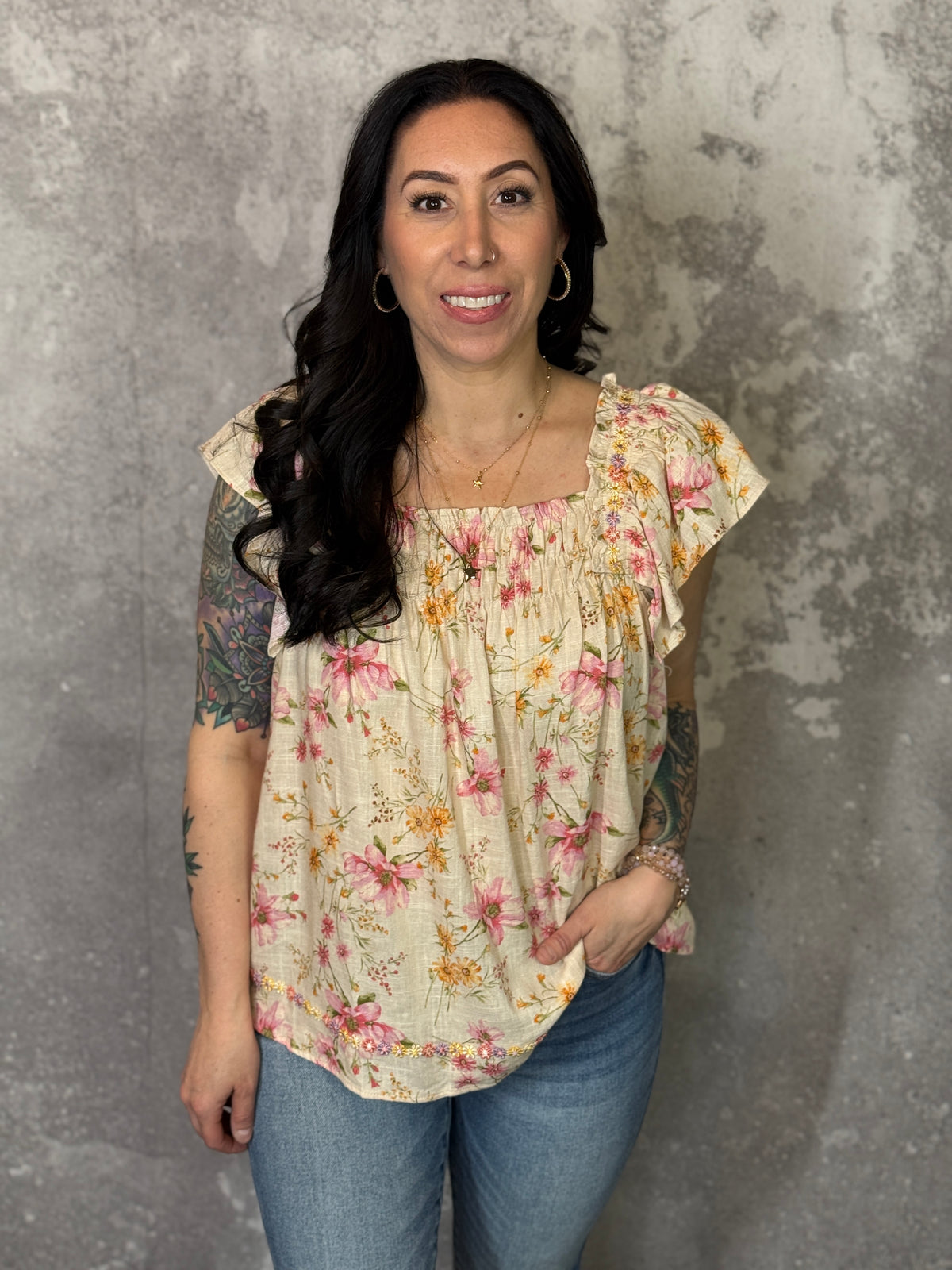 Taupe Floral Ruffle Sleeve Top