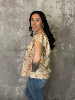 Taupe Floral Ruffle Sleeve Top