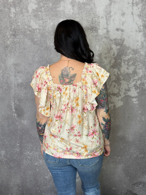 Taupe Floral Ruffle Sleeve Top