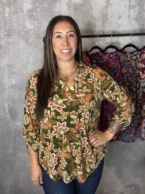 The Wrinkle Free Lizzie Top - Olive Floral (Small - 3X)