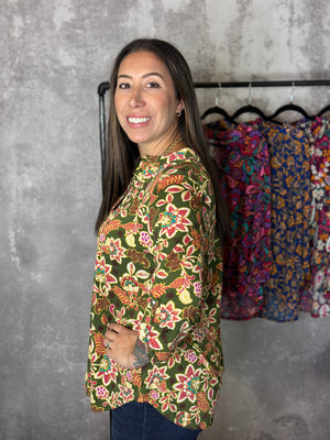The Wrinkle Free Lizzie Top - Olive Floral (Small - 3X)