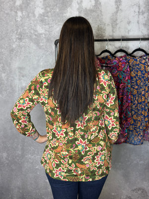 The Wrinkle Free Lizzie Top - Olive Floral (Small - 3X)