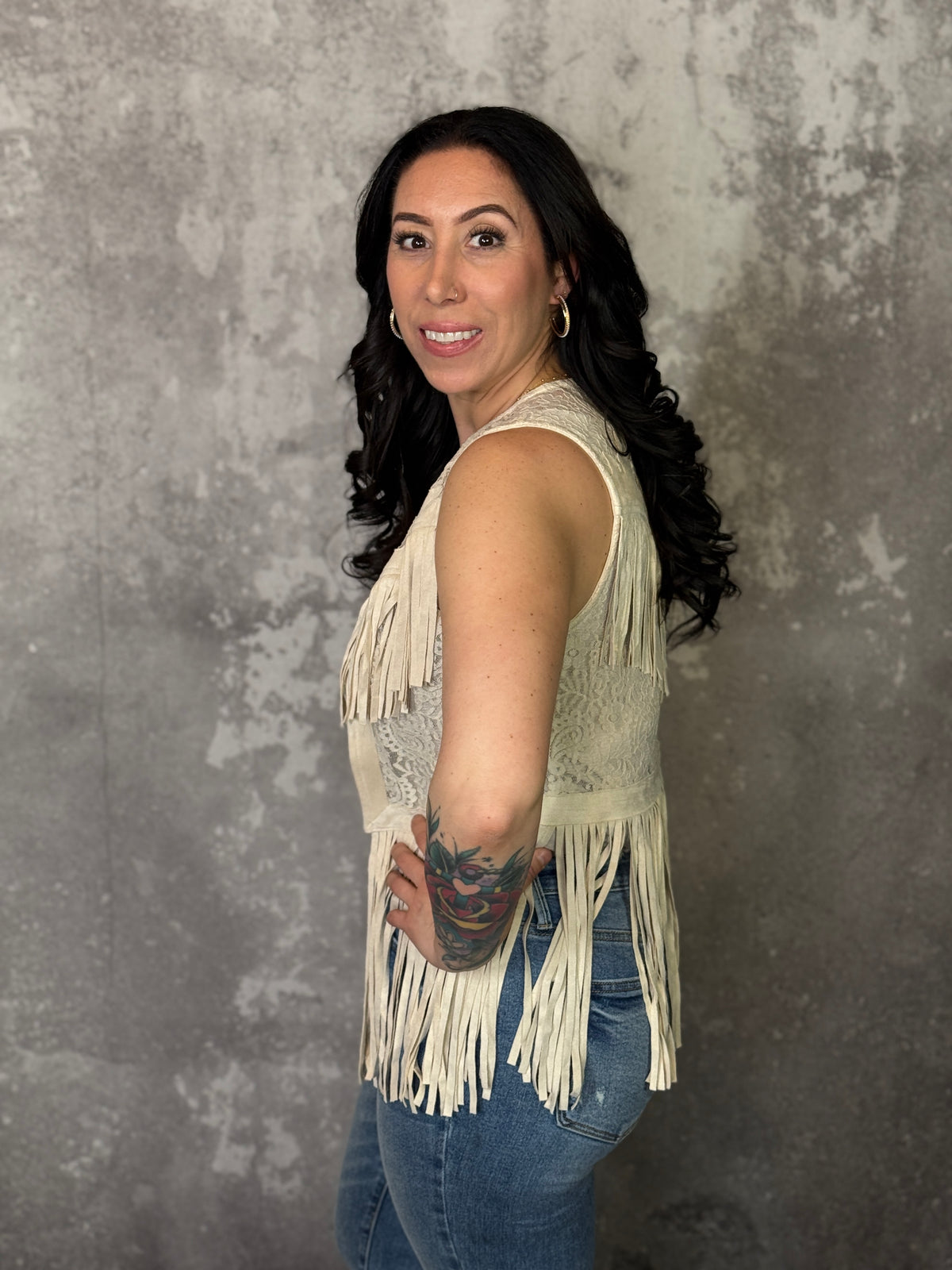 Taupe Fringe Suede/Lace Vest (Small - 3X)