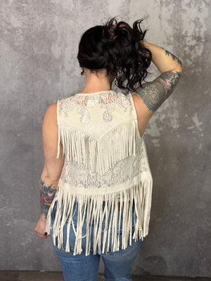 Taupe Fringe Suede/Lace Vest (Small - 3X)