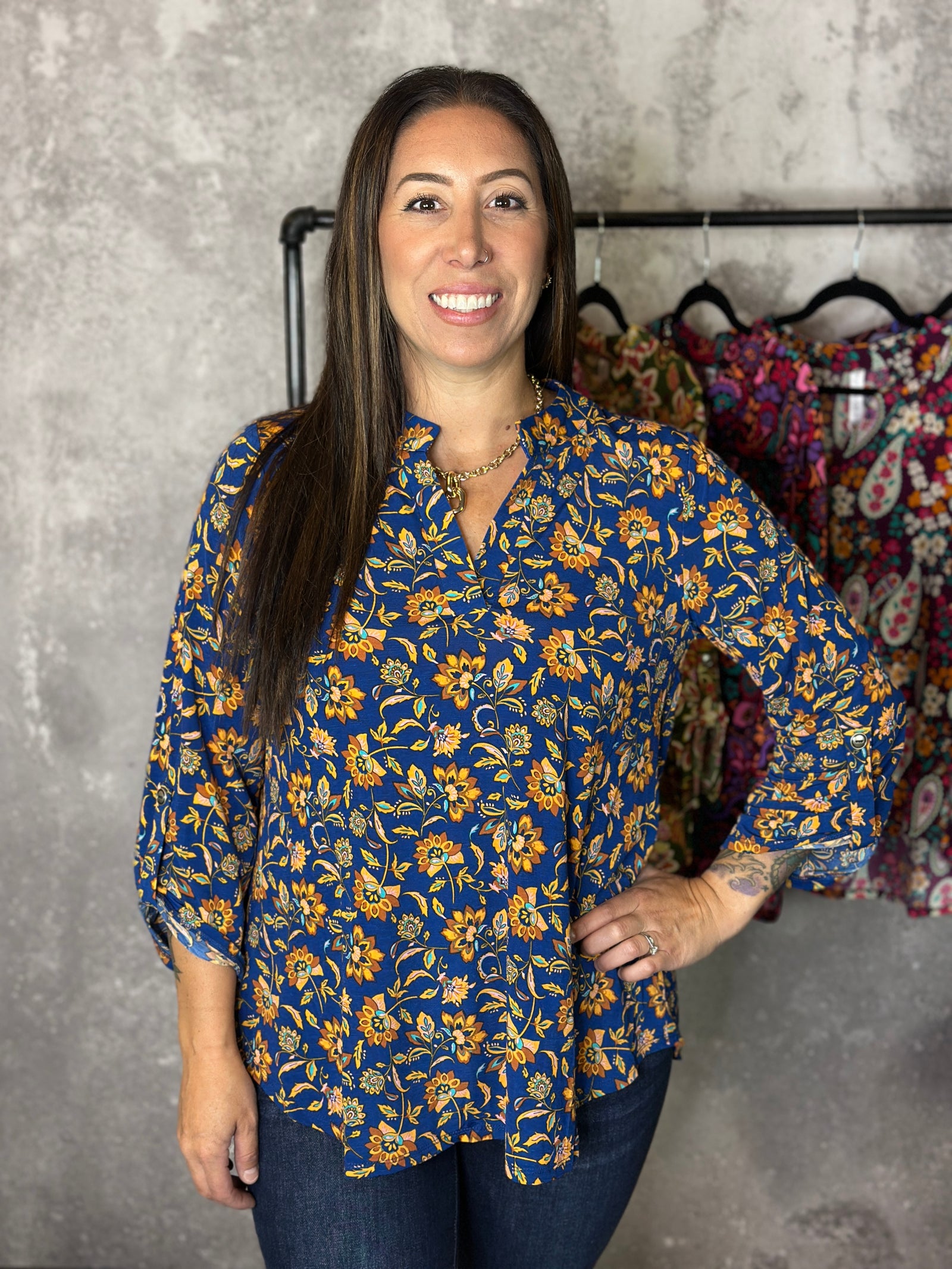 The Wrinkle Free Lizzie Top - Navy/Marigold Floral (Small - 3X)