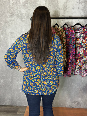 The Wrinkle Free Lizzie Top - Navy/Marigold Floral (Small - 3X)