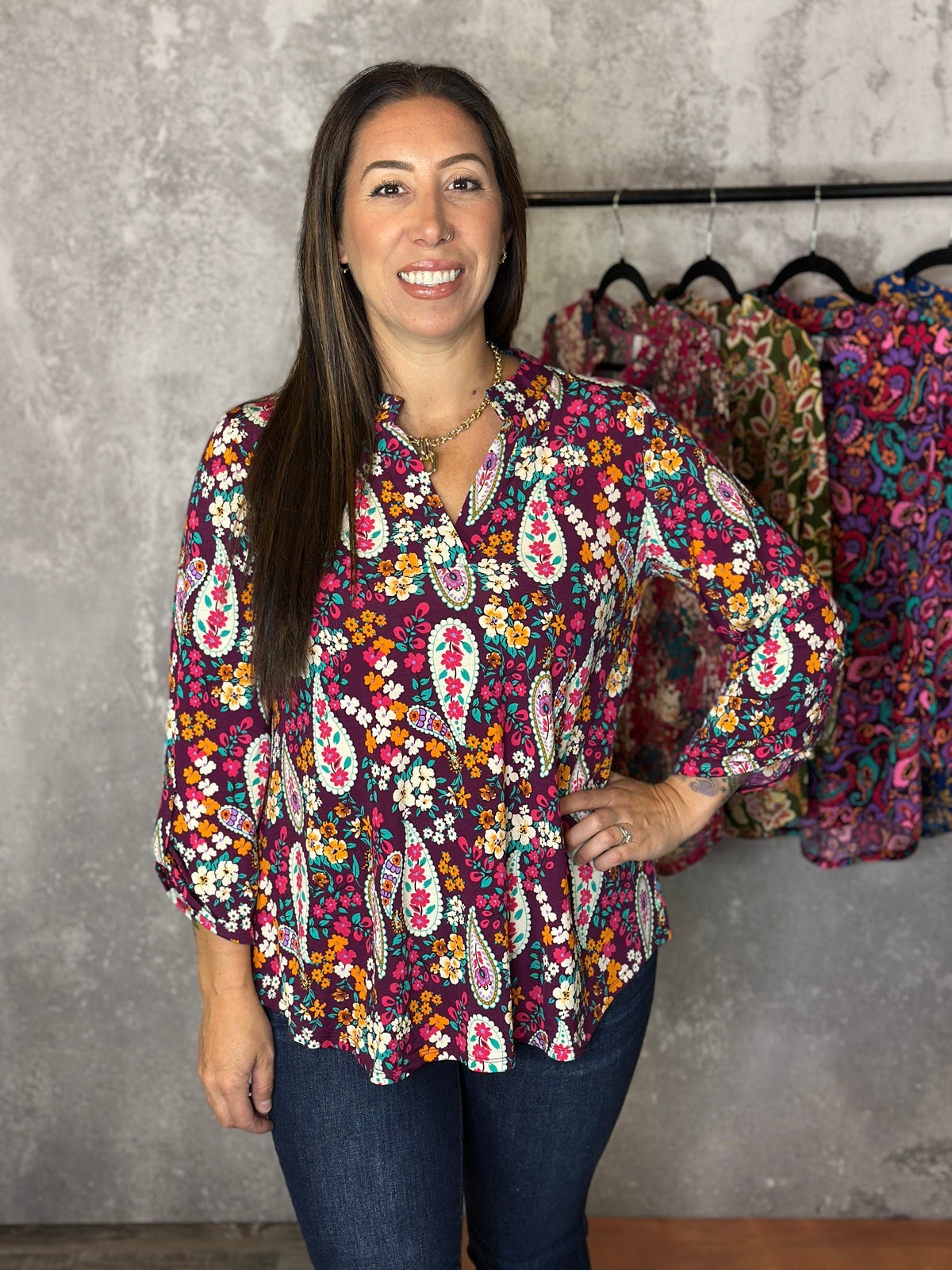 The Wrinkle Free Lizzie Top - Wine Floral Paisley (Small - 3X)
