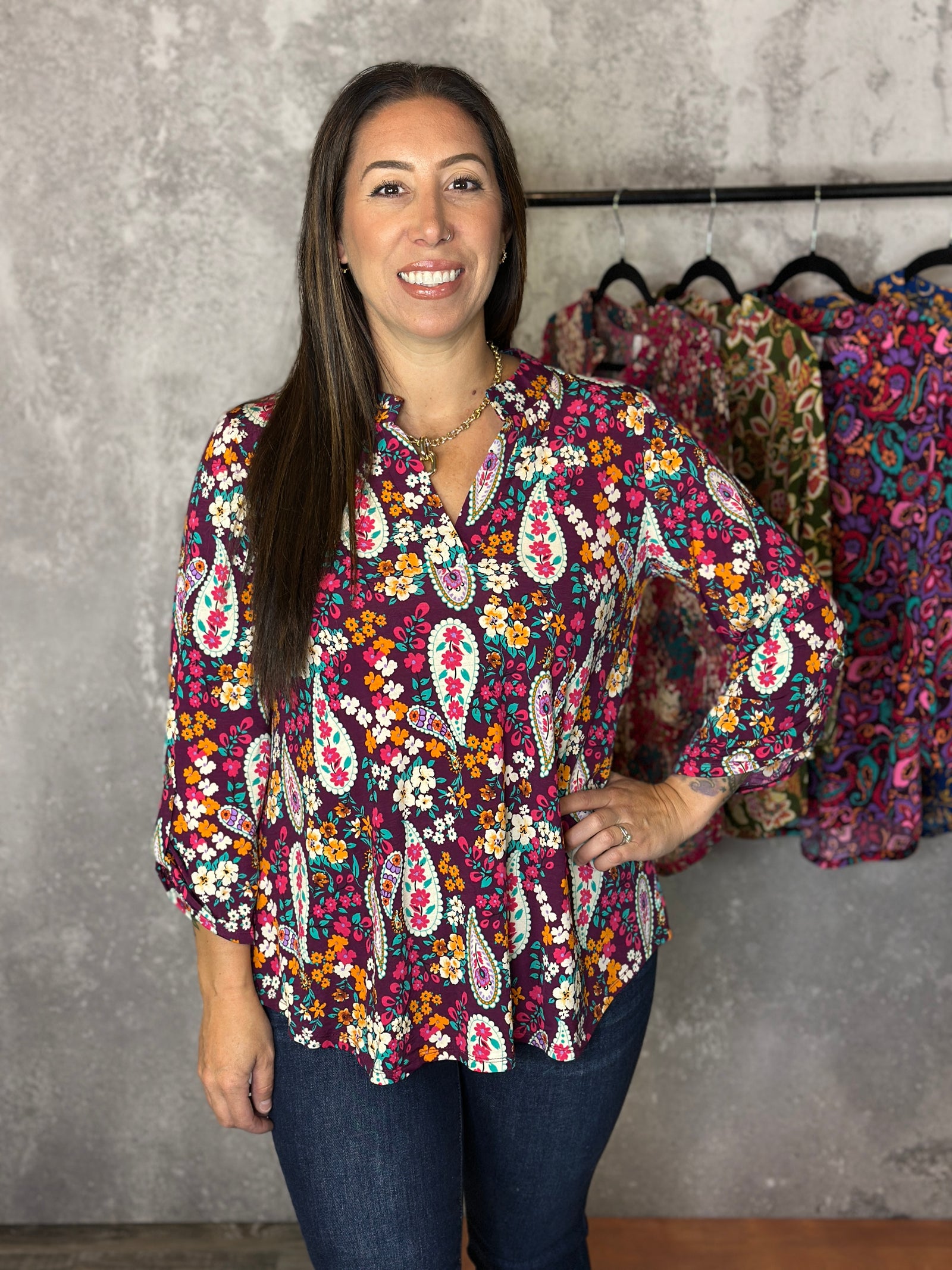 The Wrinkle Free Lizzie Top - Wine Floral Paisley (Small - 3X)