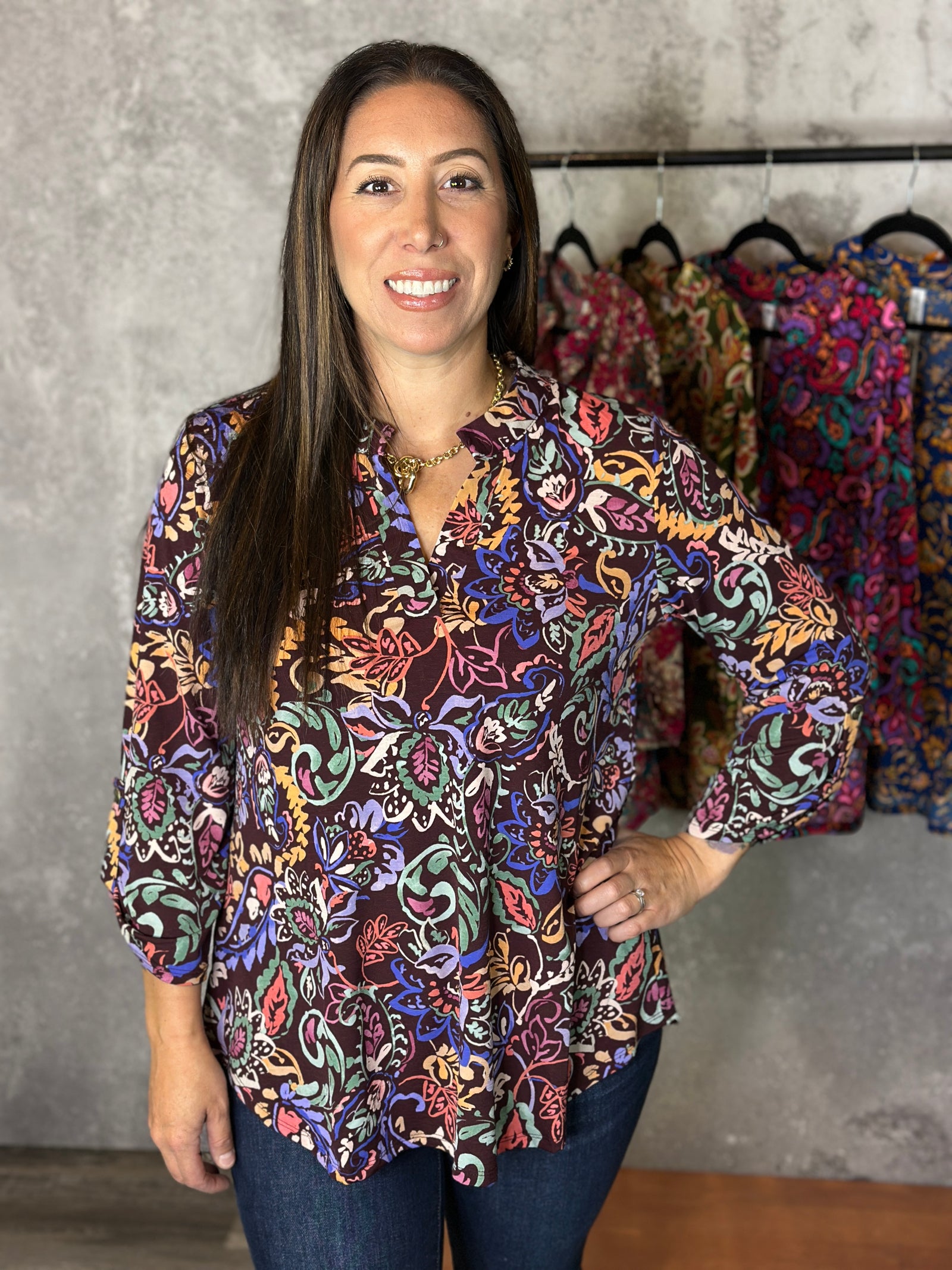 The Wrinkle Free Lizzie Top - Chocolate Multi Color (Small - 3X)