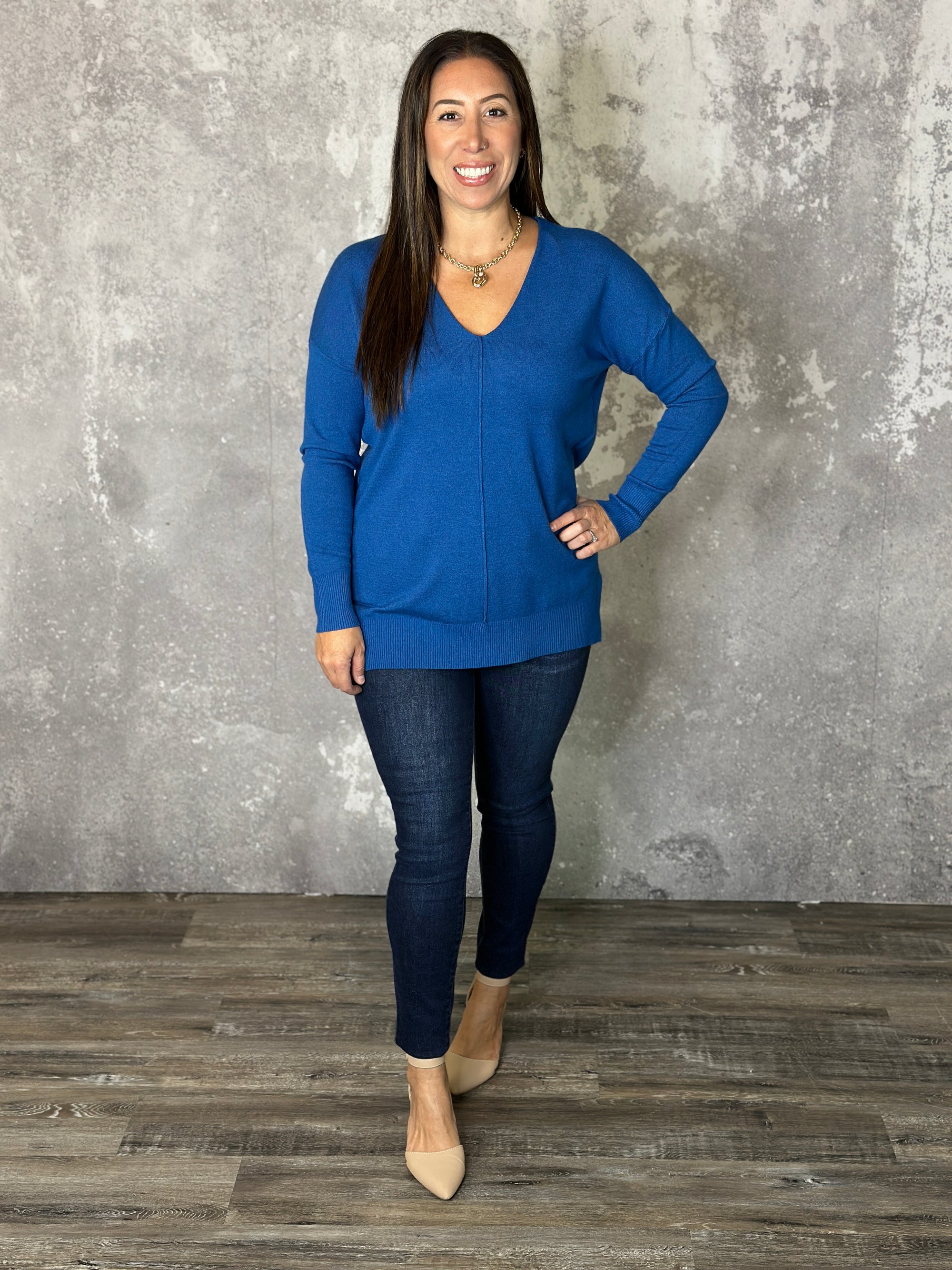 Vneck Seam Tunic Sweater - Classic Blue (Small - 3X)