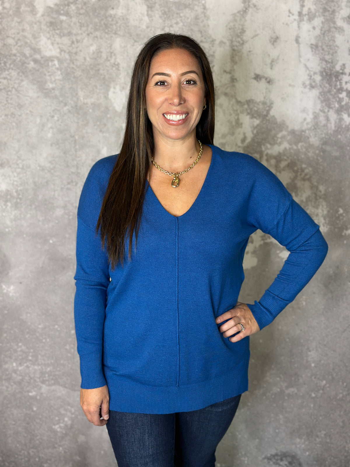 Vneck Seam Tunic Sweater - Classic Blue (Small - 3X)