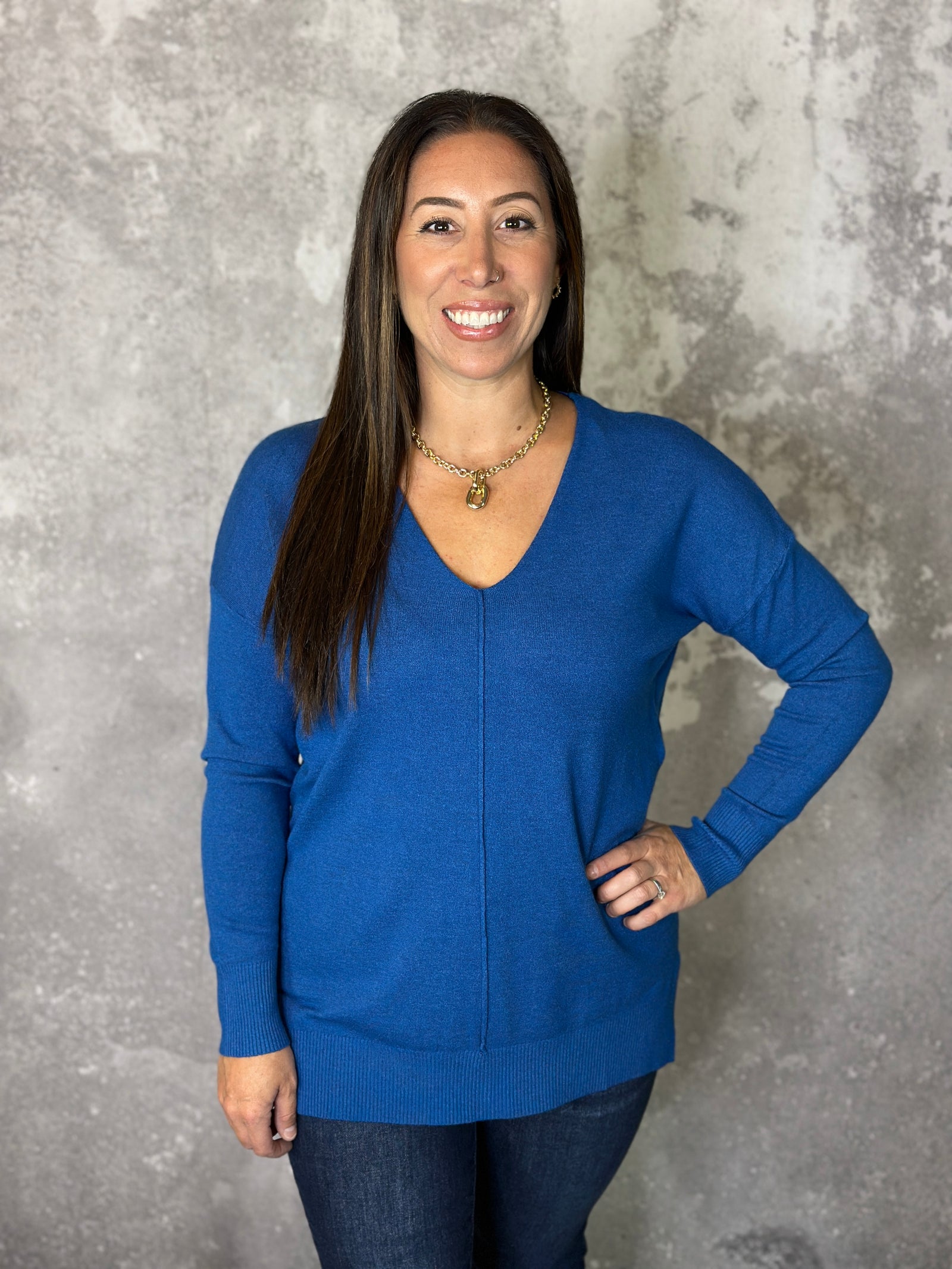Vneck Seam Tunic Sweater - Classic Blue (Small - 3X)