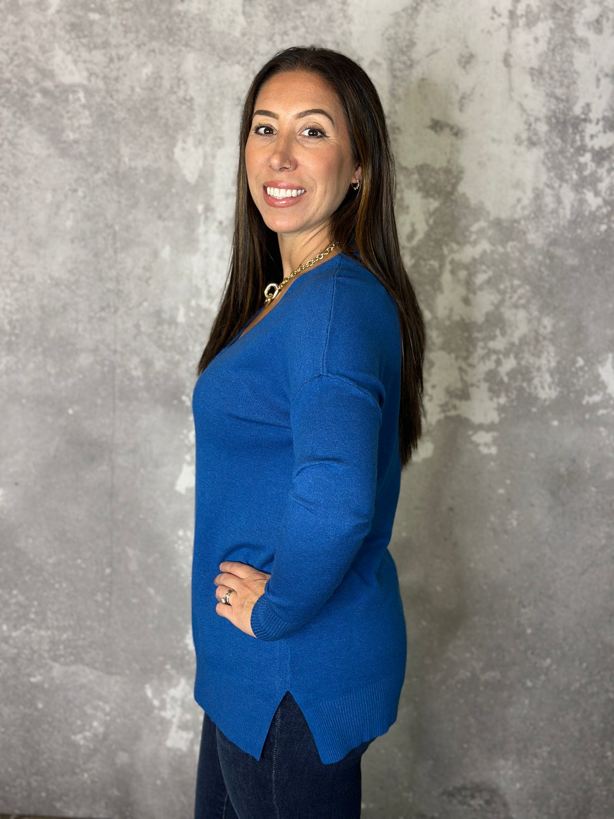 Vneck Seam Tunic Sweater - Classic Blue (Small - 3X)