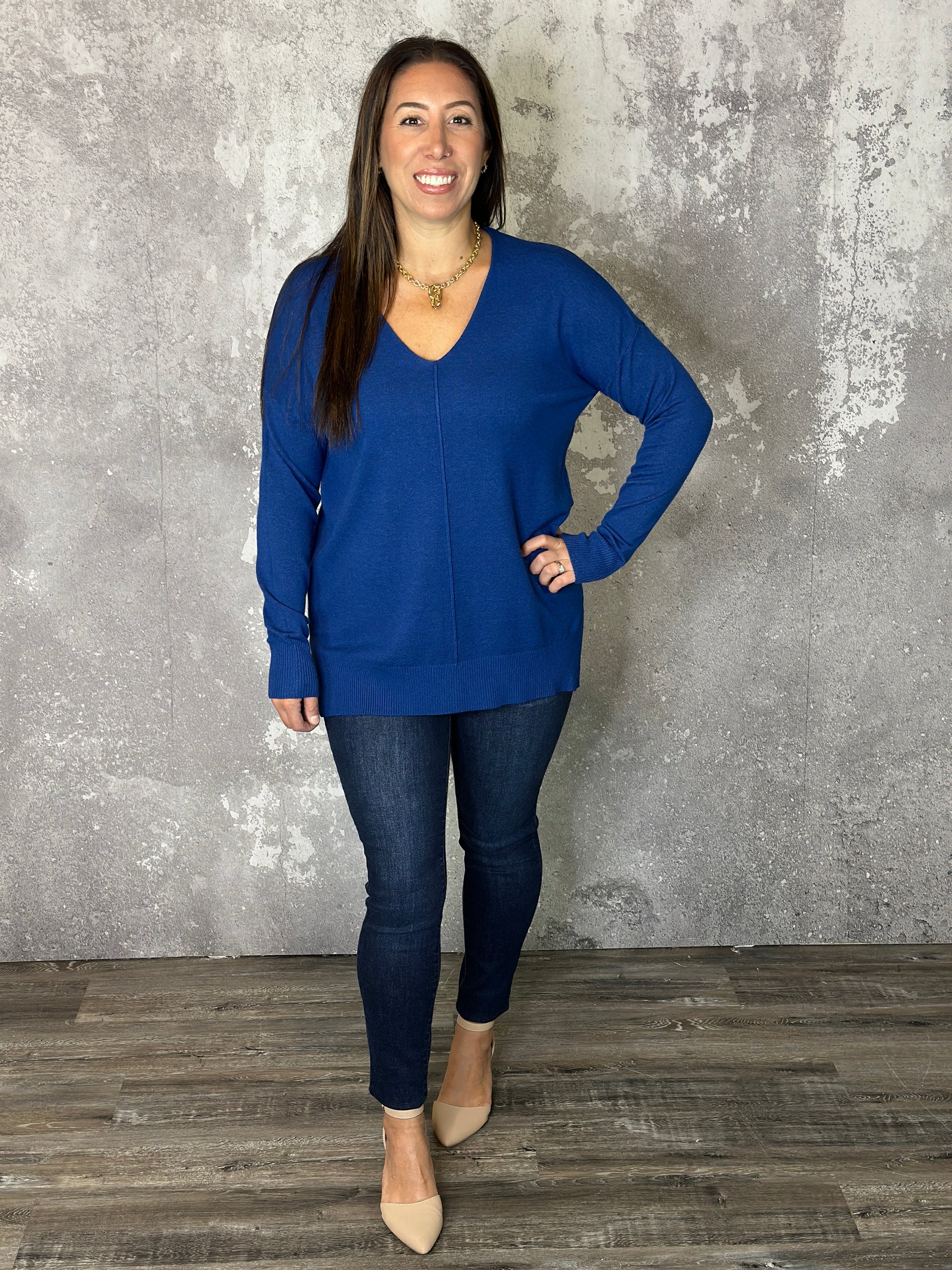 Vneck Seam Tunic Sweater - Navy (Small - 3X)
