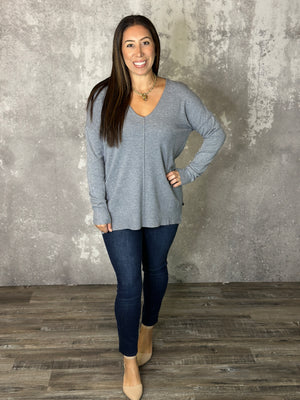 Vneck Seam Tunic Sweater - Grey (Small - 3X)