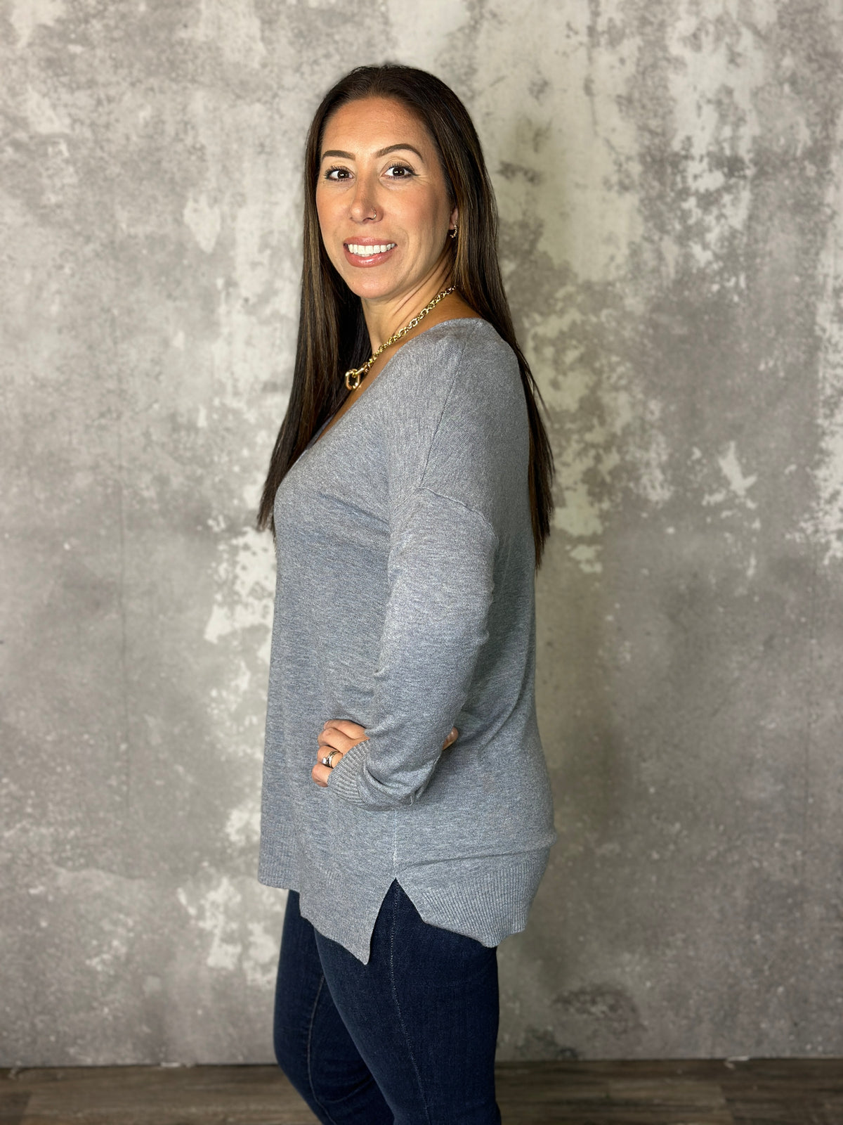 Vneck Seam Tunic Sweater - Grey (Small - 3X)