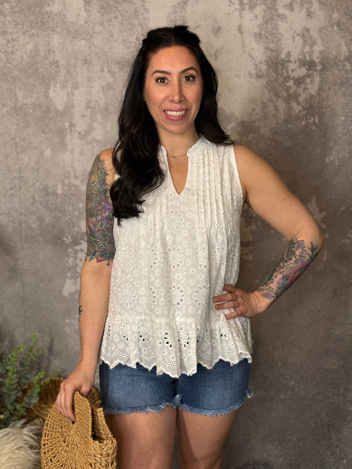 White Eyelet Pelated Tank - (Small - 3X)