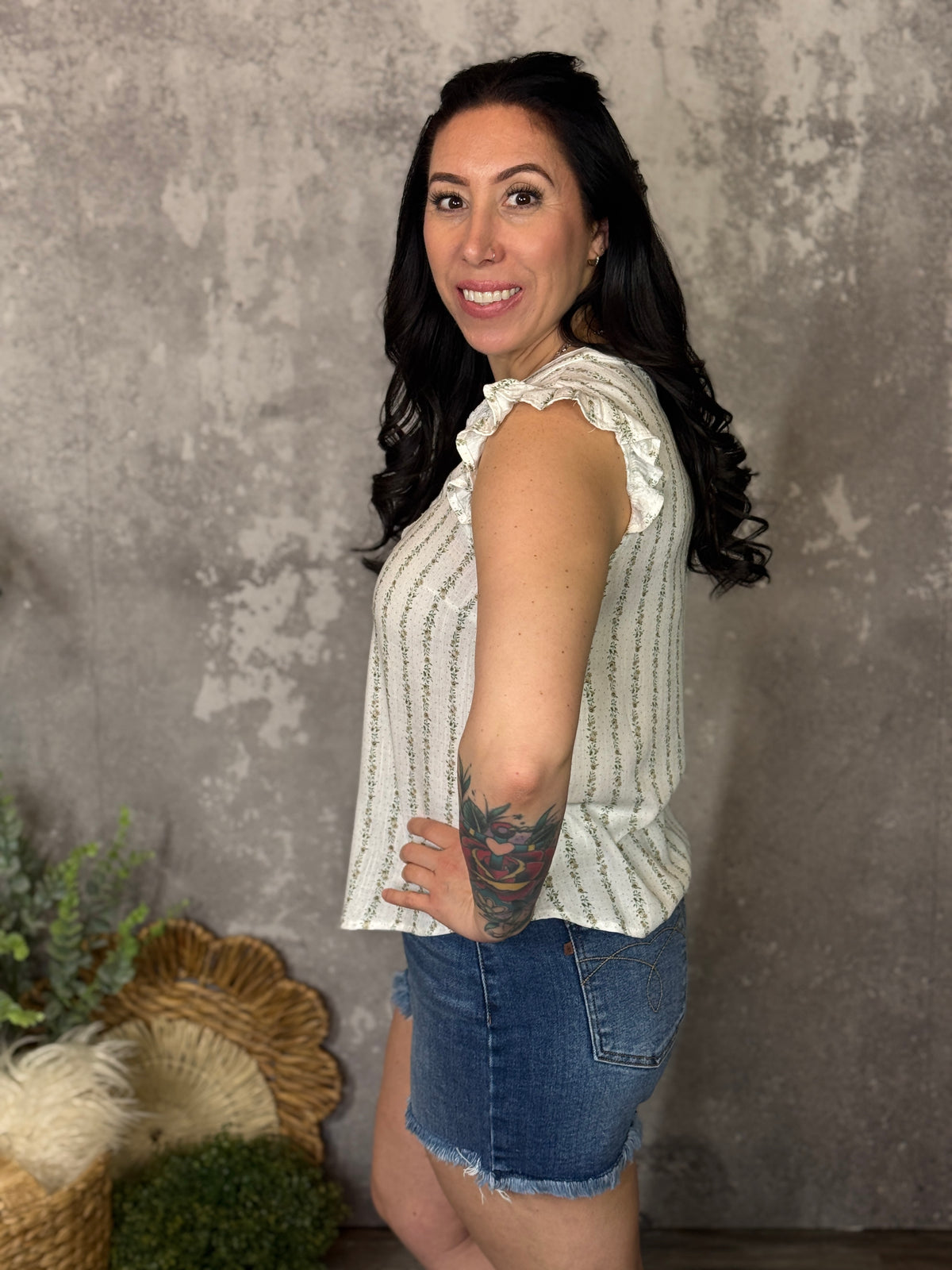 Dainty Olive Ruffle Sleeve Tank (Small - 3X)