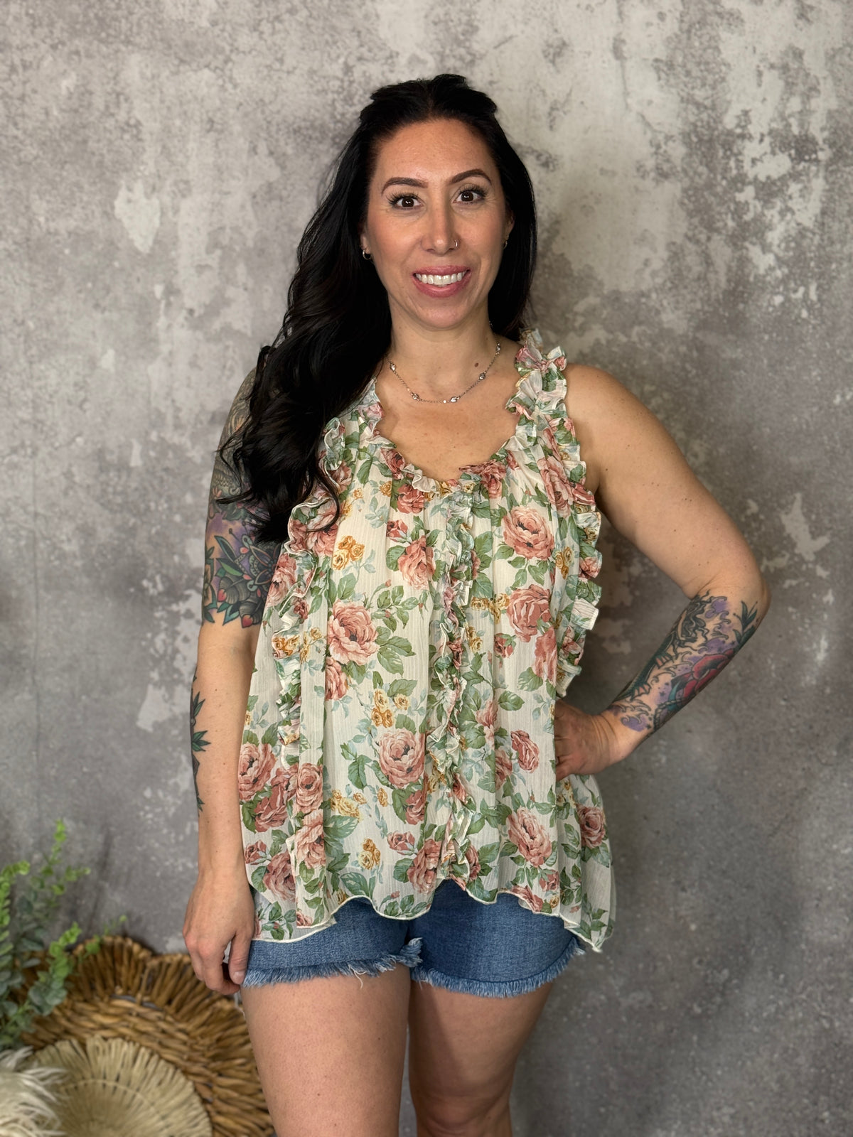 Antique Floral Chiffon Ruffle Tank