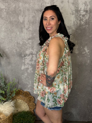 Antique Floral Chiffon Ruffle Tank
