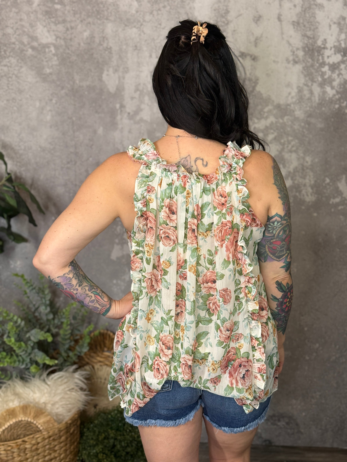 Antique Floral Chiffon Ruffle Tank