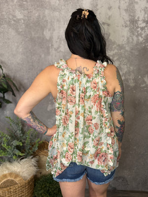 Antique Floral Chiffon Ruffle Tank