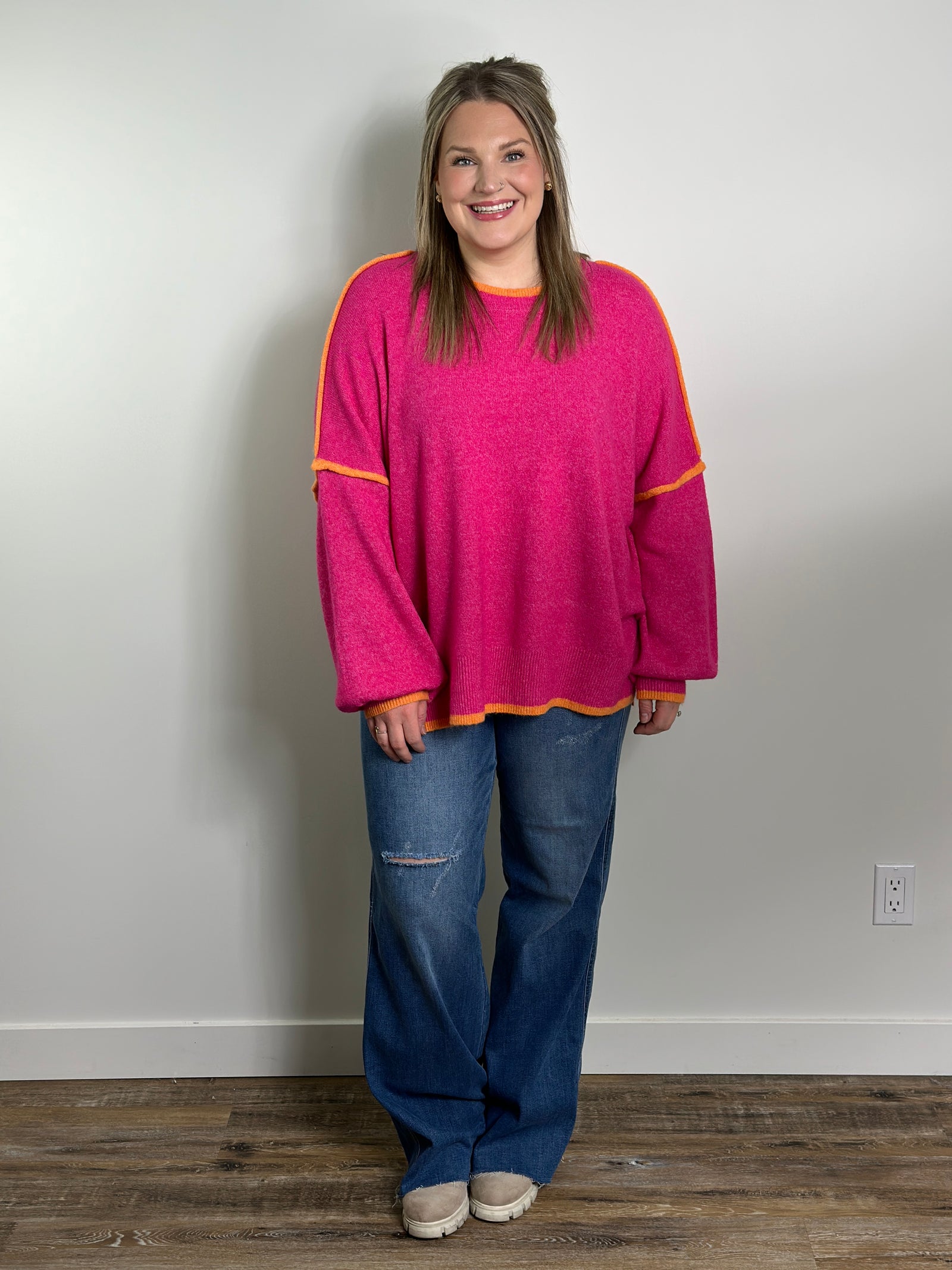 Pink Sweater with Orange Trim