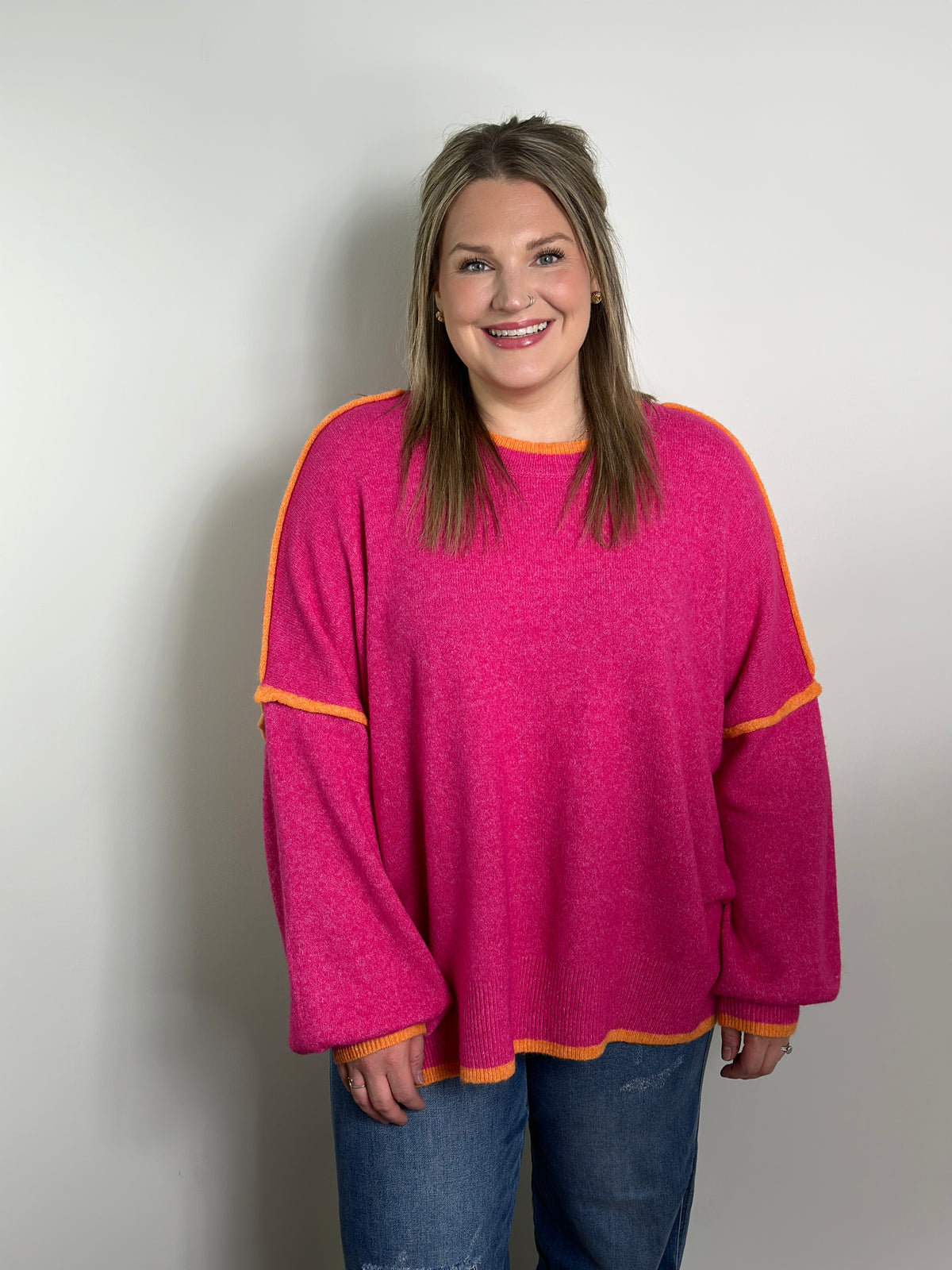 Pink Sweater with Orange Trim