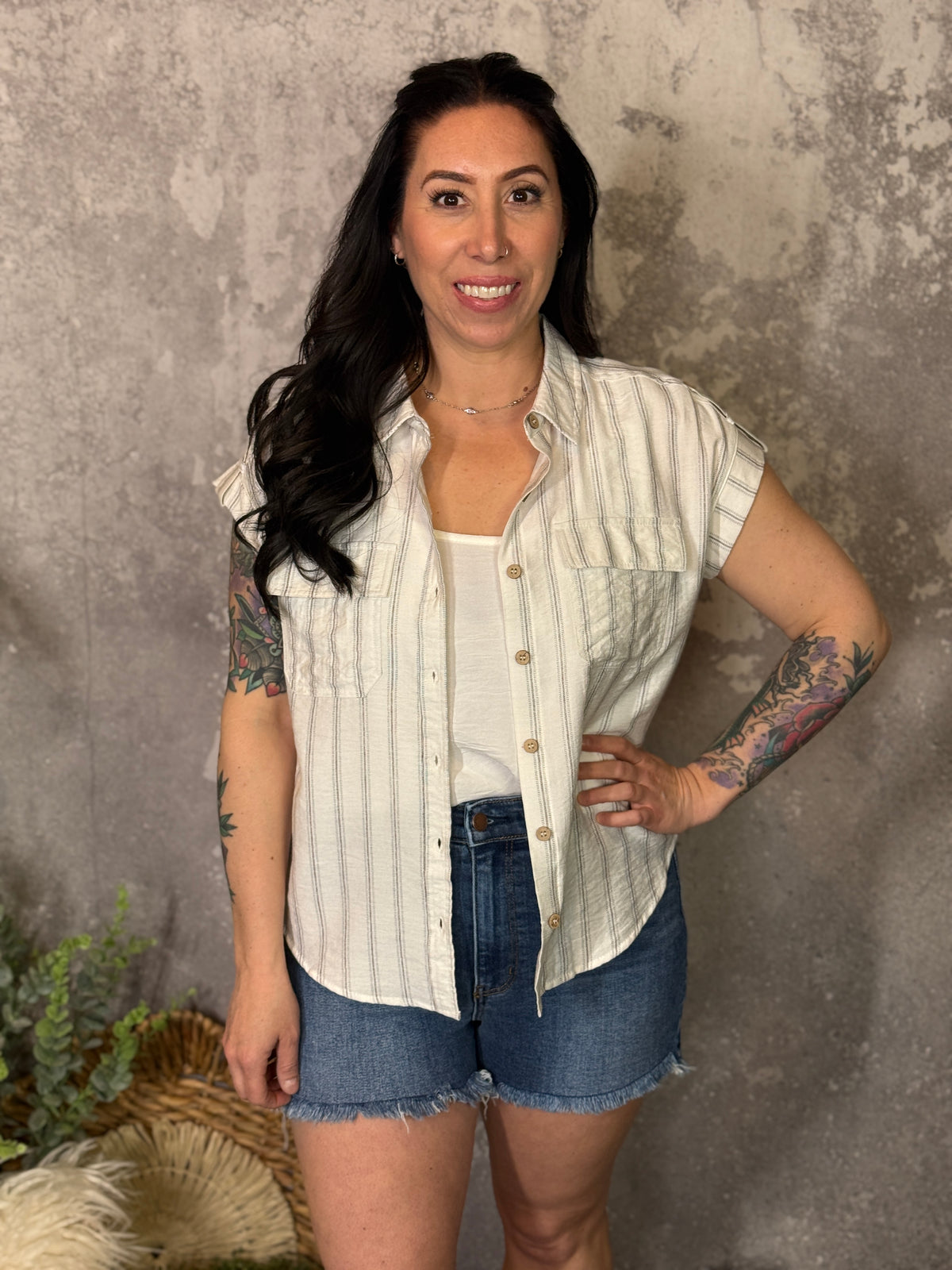 Grey Stripe Short Sleeve Top