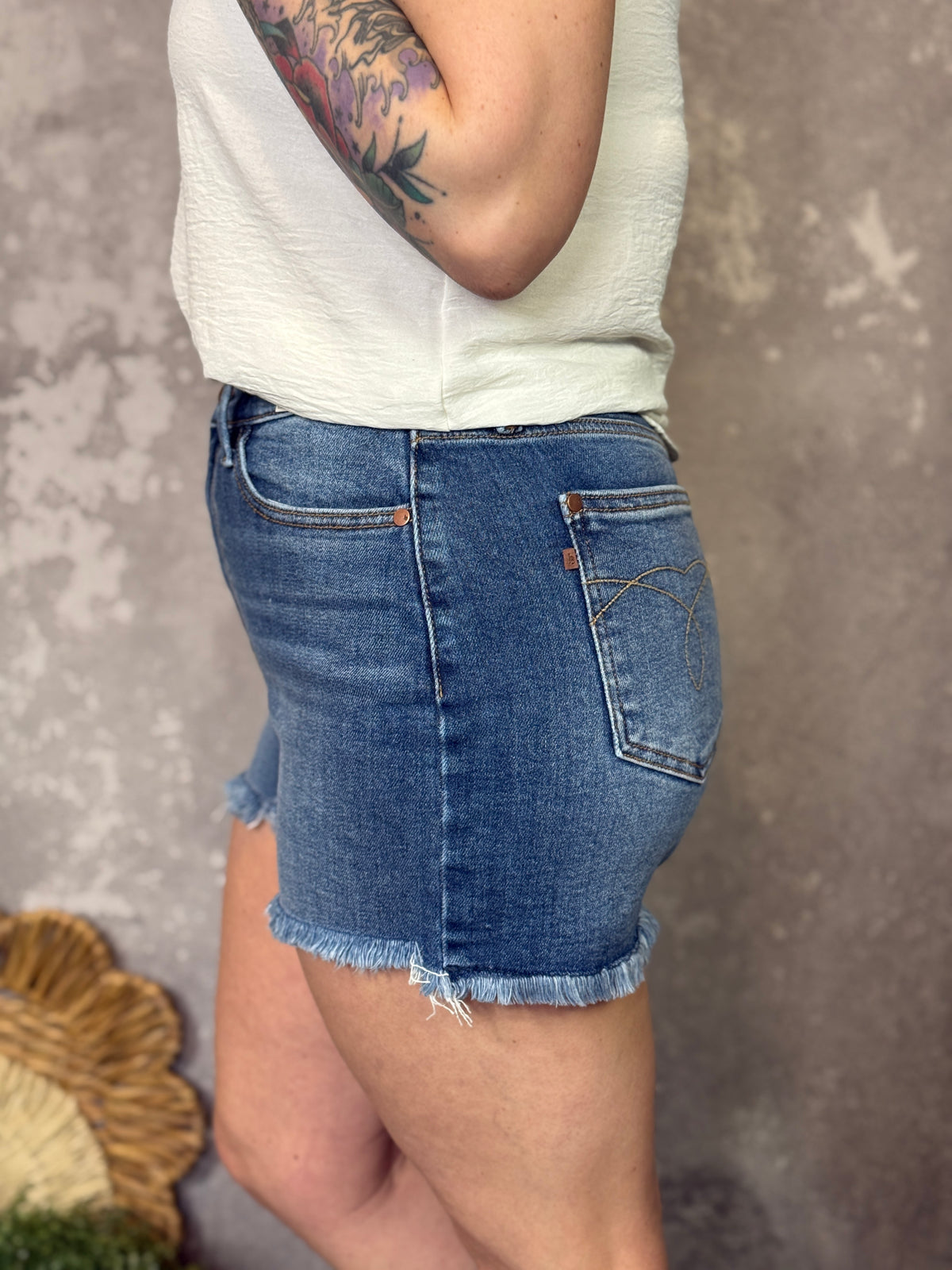 Judy Blue Medium Wash Frey Bottom Shorts (S - 3X)