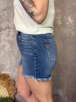 Judy Blue Medium Wash Frey Bottom Shorts (S - 3X)