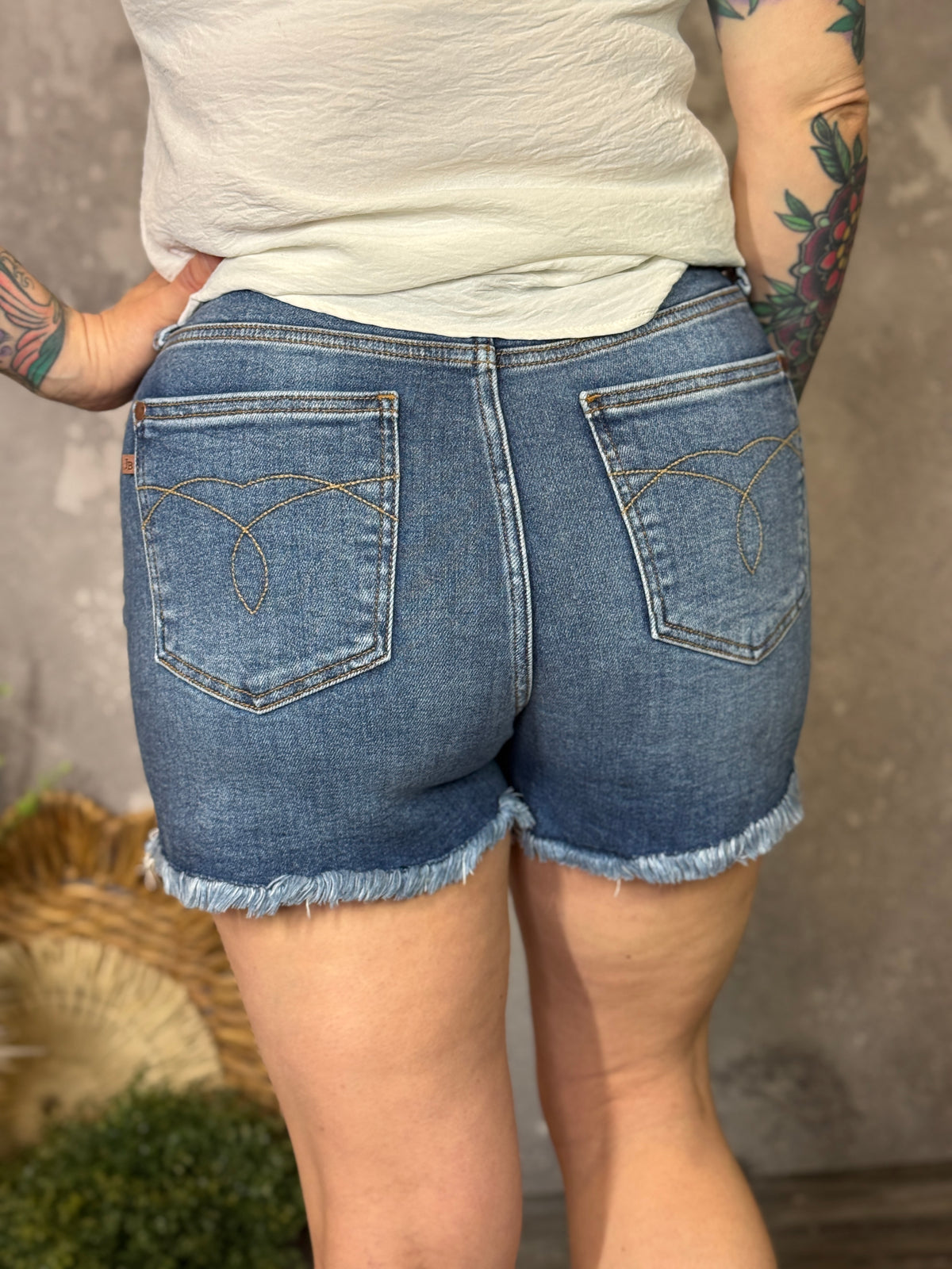 Judy Blue Medium Wash Frey Bottom Shorts (S - 3X)