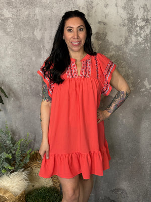 Coral Embroidered Dress