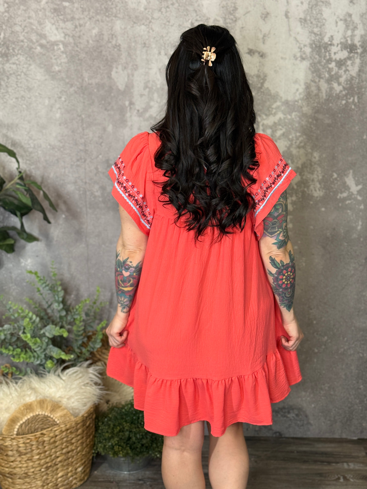 Coral Embroidered Dress