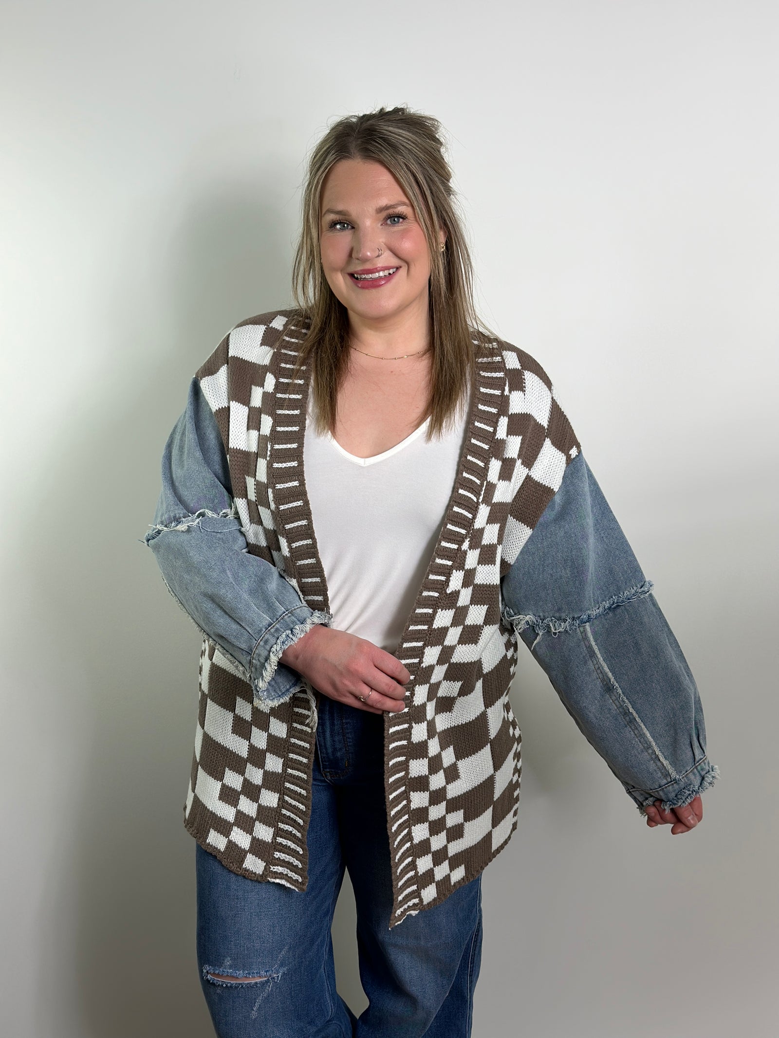 Mocha Checker and Denim Cardigan