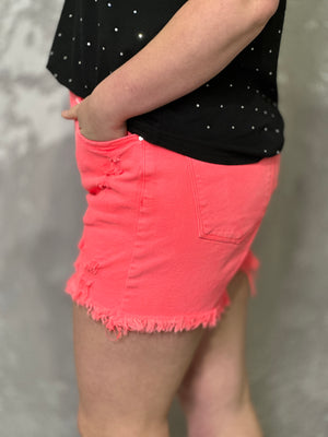 Neon Risen Distressed Bottom Shorts - Coral (Small - 3X)