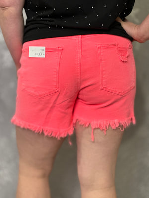 Neon Risen Distressed Bottom Shorts - Coral (Small - 3X)