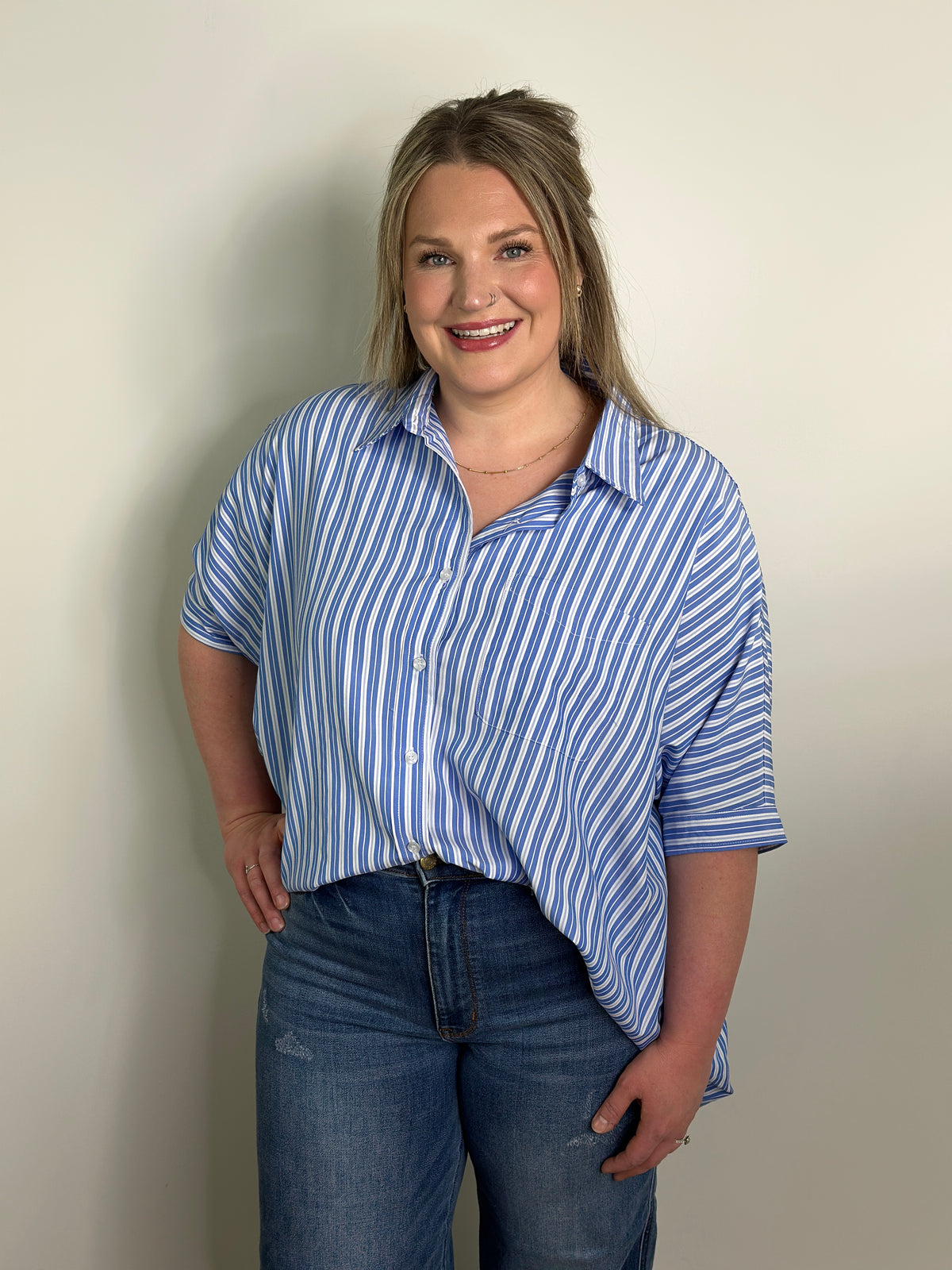 Stripe Blue Button Up Blouse (Small - 3X)