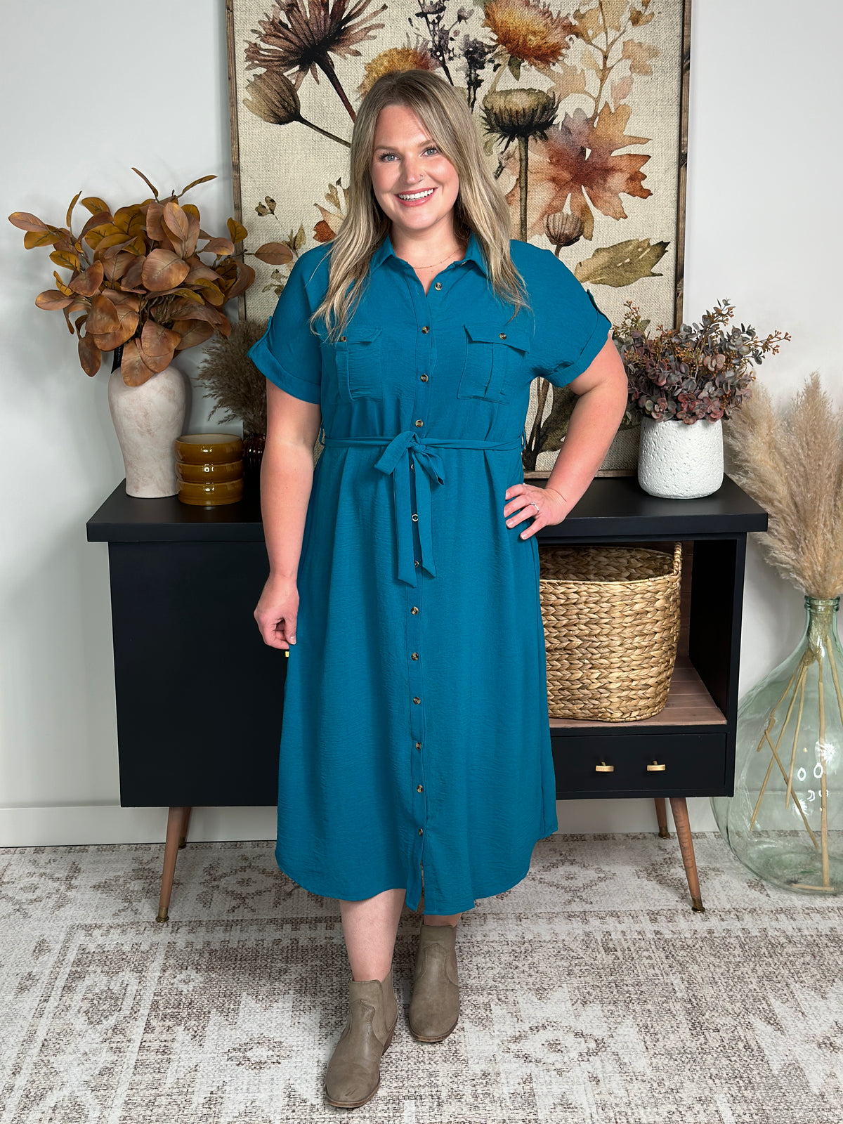 Teal Waist Tie Midi Dress - FINAL SALE
