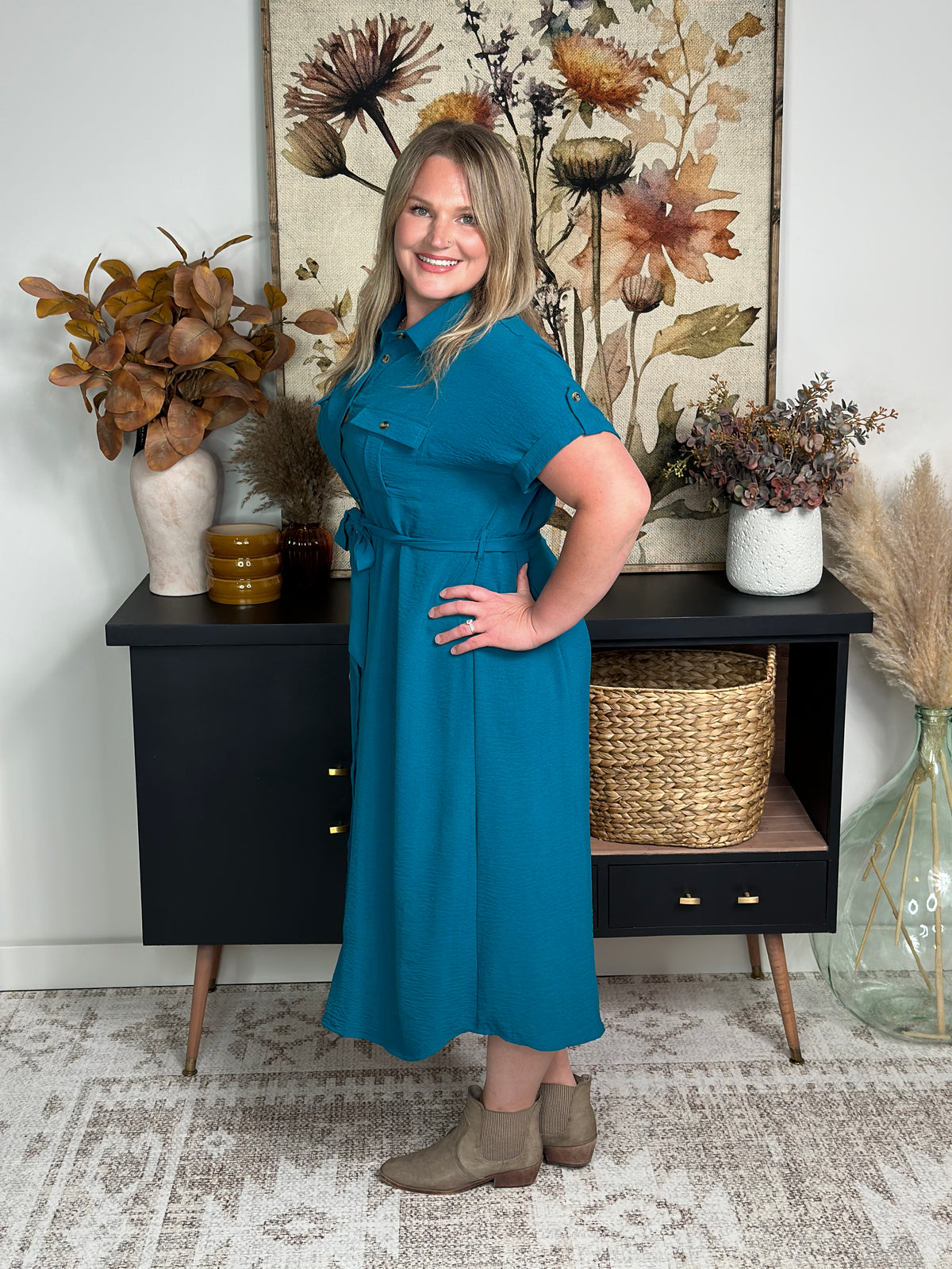 Teal Waist Tie Midi Dress - FINAL SALE