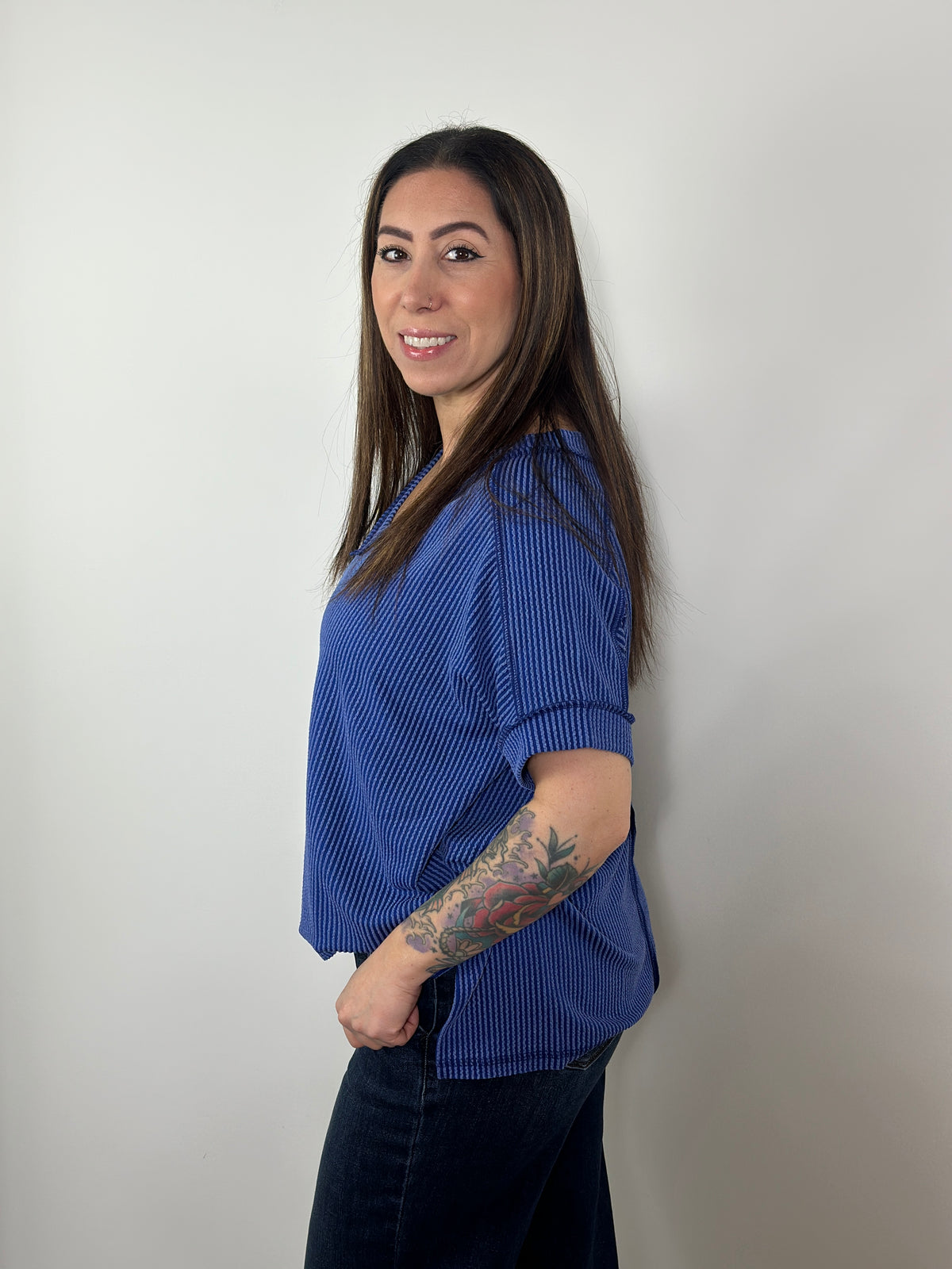 Soft Ribbed Short Sleeve Vneck Top - Classic Blue (Small - 3X)