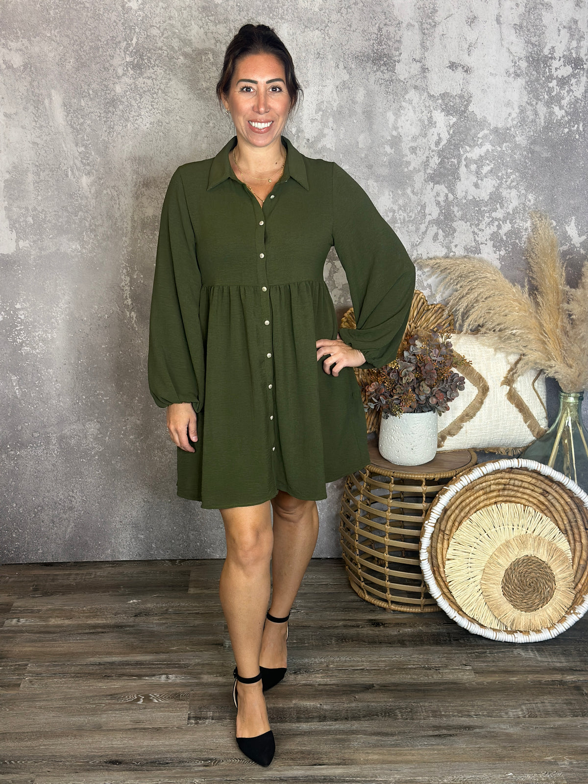 Olive Button Up Airflow Dress